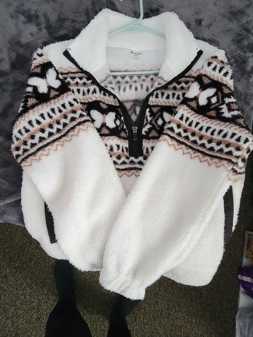 No Boundaries White Sherpa Half-Zip Pullover with Black and Tan Pattern